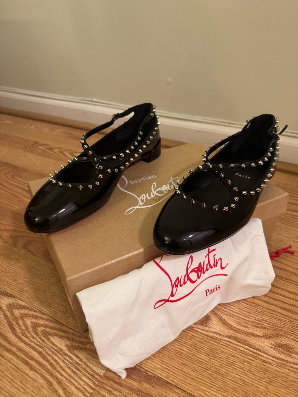 Christian Louboutin Black Patent Studded Mary Jane Flats with Crisscross Strap
